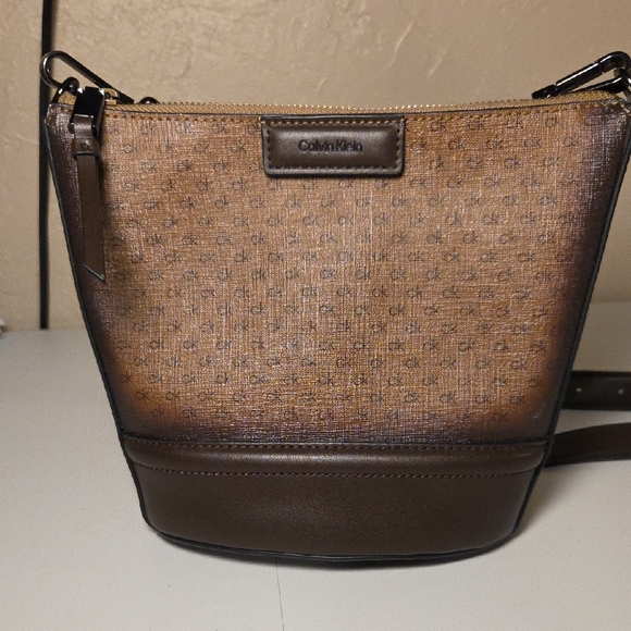 Calvin Klein Handbags - Calvin Klein CK Monogram Mini Shoulder Bag Brown Logo Zip Pouch Purse